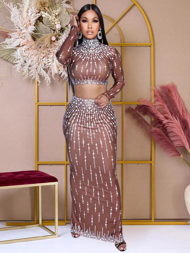 Chic Long Sleeve Top Bag Hip Split Skirt Two-Piece Set For Elegant Versatility