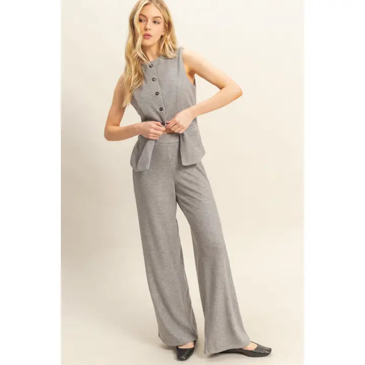 Ribbed Knit Buttoned Vest and Wide-Leg Pants Set