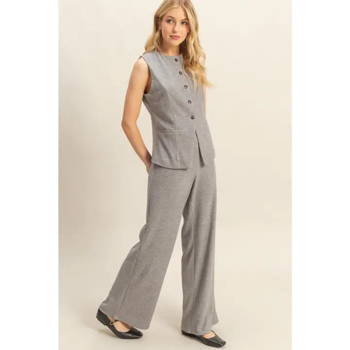 Ribbed Knit Buttoned Vest and Wide-Leg Pants Set