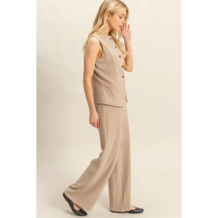 Ribbed Knit Buttoned Vest and Wide-Leg Pants Set