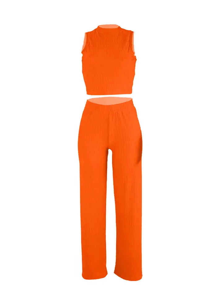 Solid Color Sleeveless Round Neck Pullover Top and Pants Set
