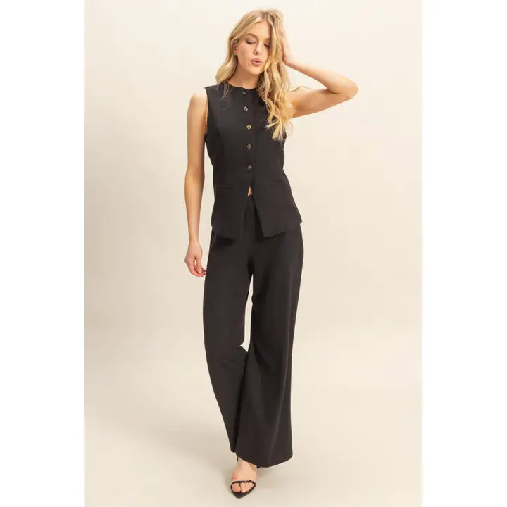 Ribbed Knit Buttoned Vest and Wide-Leg Pants Set