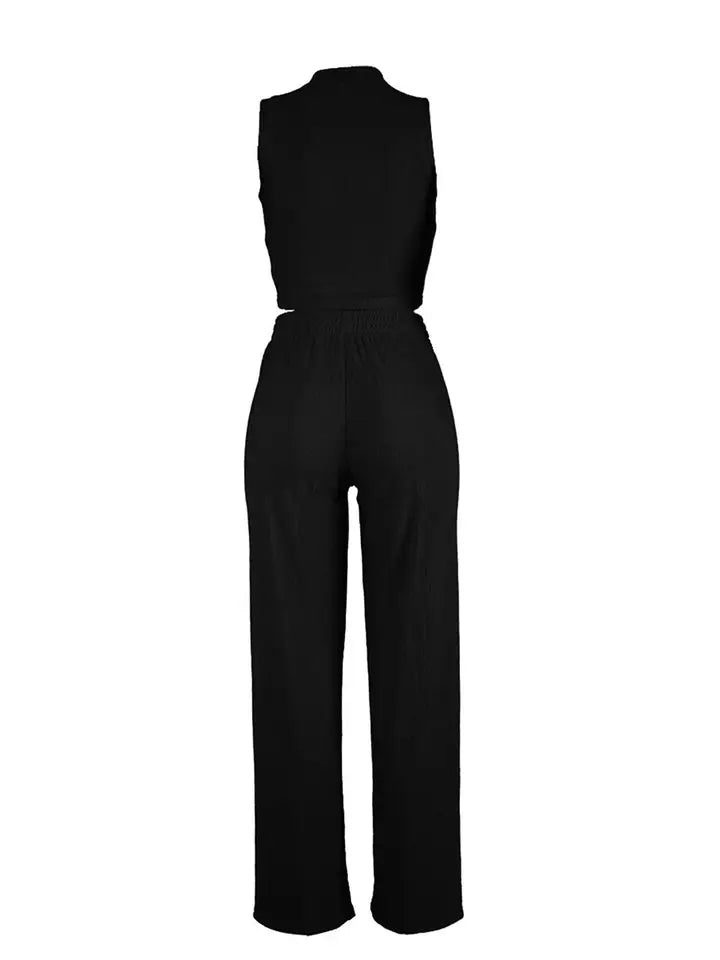 Solid Color Sleeveless Round Neck Pullover Top and Pants Set