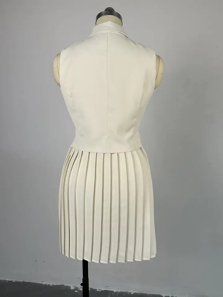 Fashionable Lapel Irregular Top and Pleated Skirt Casual Set