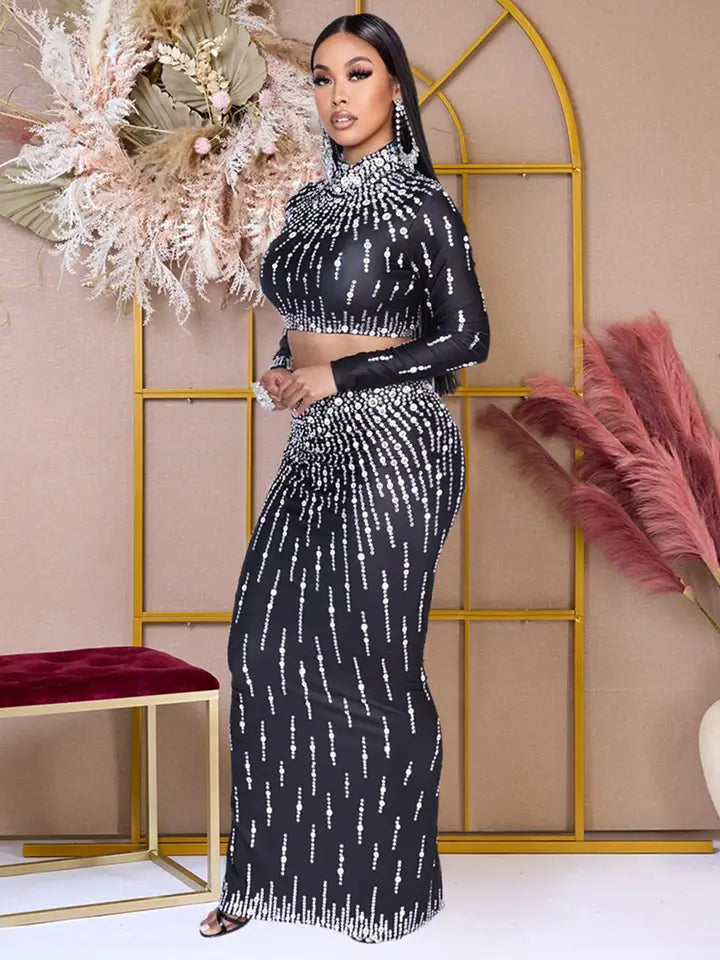 Chic Long Sleeve Top Bag Hip Split Skirt Two-Piece Set For Elegant Versatility
