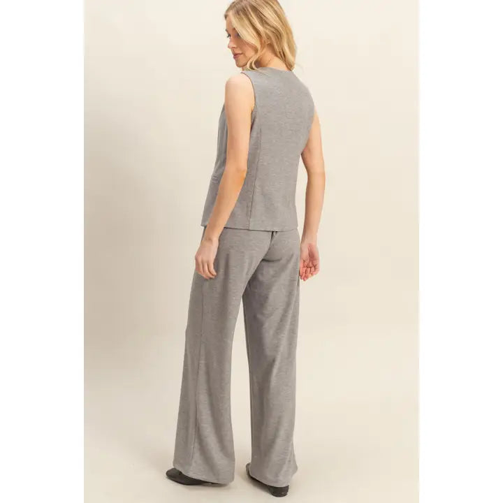 Ribbed Knit Buttoned Vest and Wide-Leg Pants Set